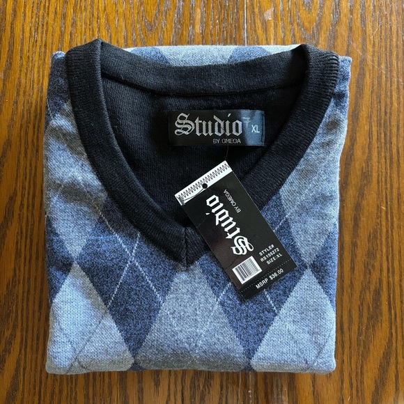 NWT Studio by Omega Argyle Blue Gray and Black Men’s Knitted Vest Size XL - Picture 6 of 6